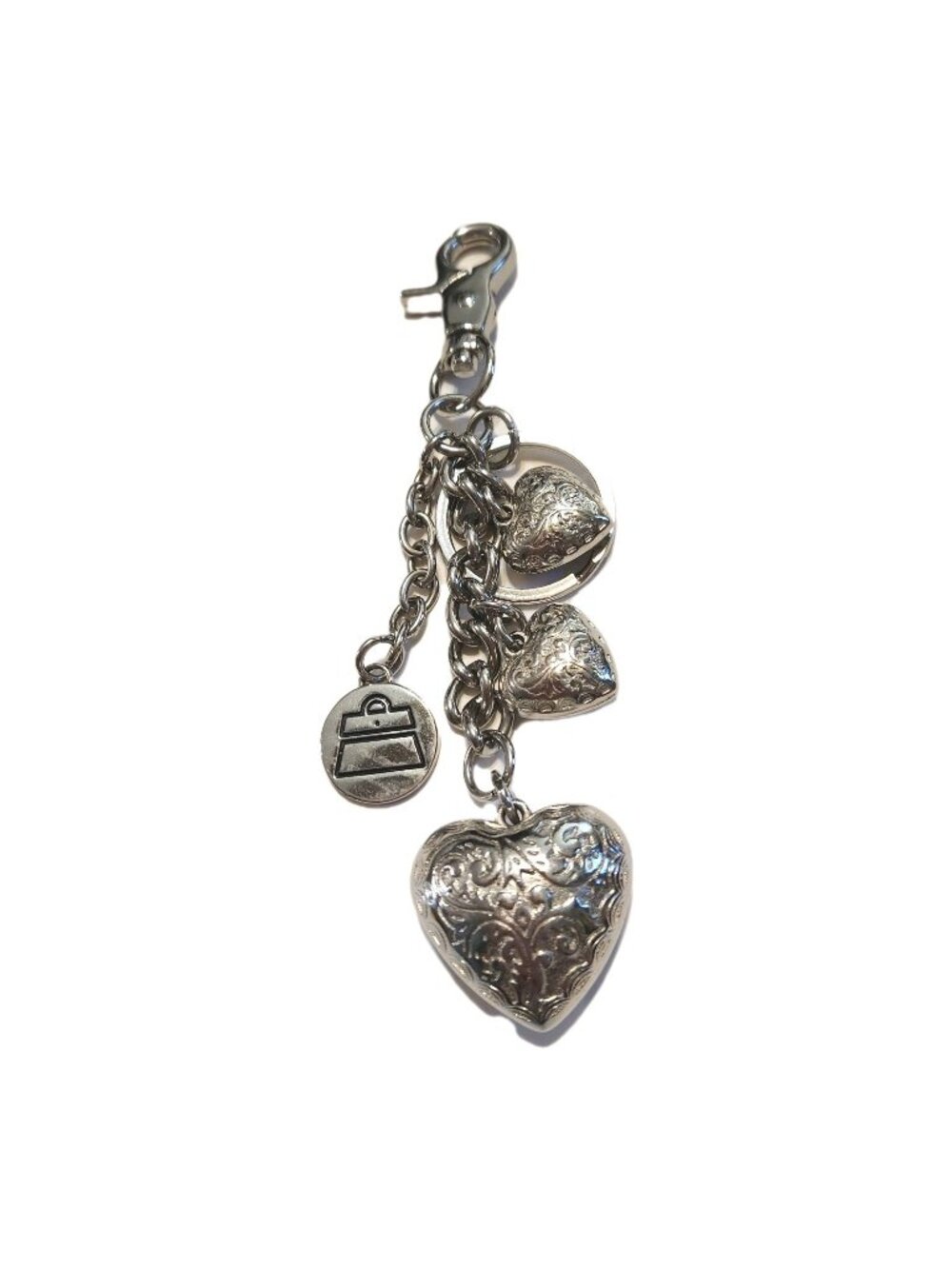 Kathy Van Zeeland Heart Silver Tone Chrome Puffy Heart Charm Keychain Key Ring